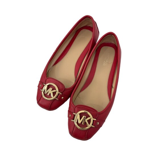 Michael Kors Women Red Leather Gold Logo Slip On Flats Shoes Size 6 - Picture 1 of 14